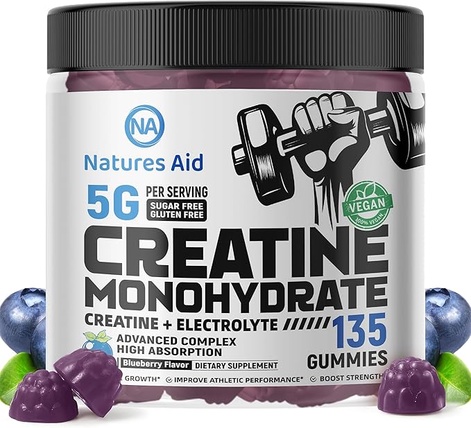 Creatine Monohydrate Gummies (5g) – Pre-Workout Energy & Muscle Growth Support for Men & Women | Blueberry Electrolyte Gummies (135 Count)