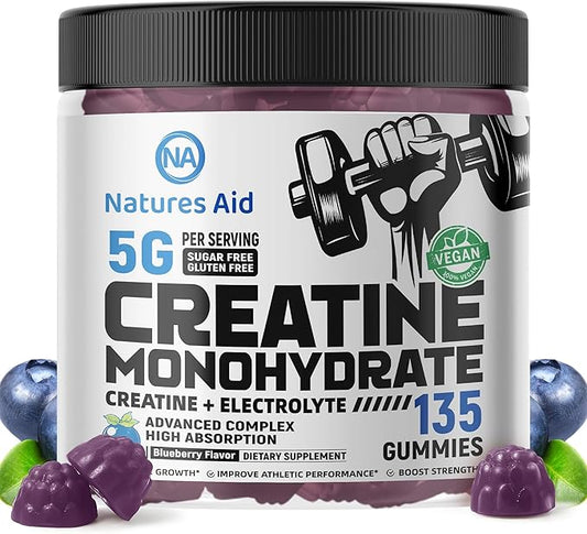 Creatine Monohydrate Gummies (5g) – Pre-Workout Energy & Muscle Growth Support for Men & Women | Blueberry Electrolyte Gummies (135 Count)