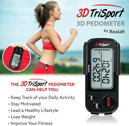 3DTriSport Walking 3D Pedometer with Clip & Strap, eBook Included | 30 Days Memory, Accurate Step Counter, Walking Distance Miles/Km, Calorie Counter, Daily Exercise Time Monitor