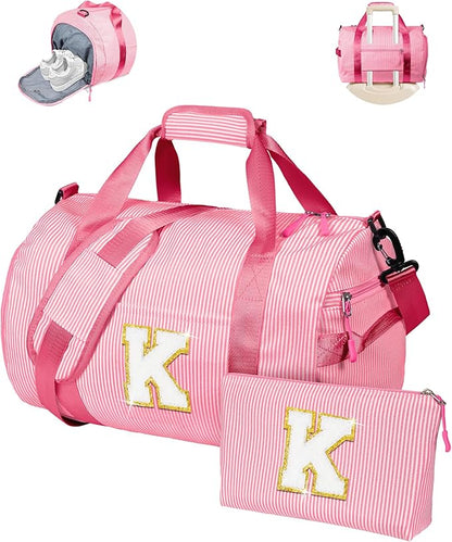 Gift for 5 6 7 8 9 Year Old Girls, Girl Gym Bag, Kids Initial Overnight Duffel Bags with Shoe Compartment, Personalized Travel Bag with Makeup Pouch, Weekend Trips Essentials (Letter K)