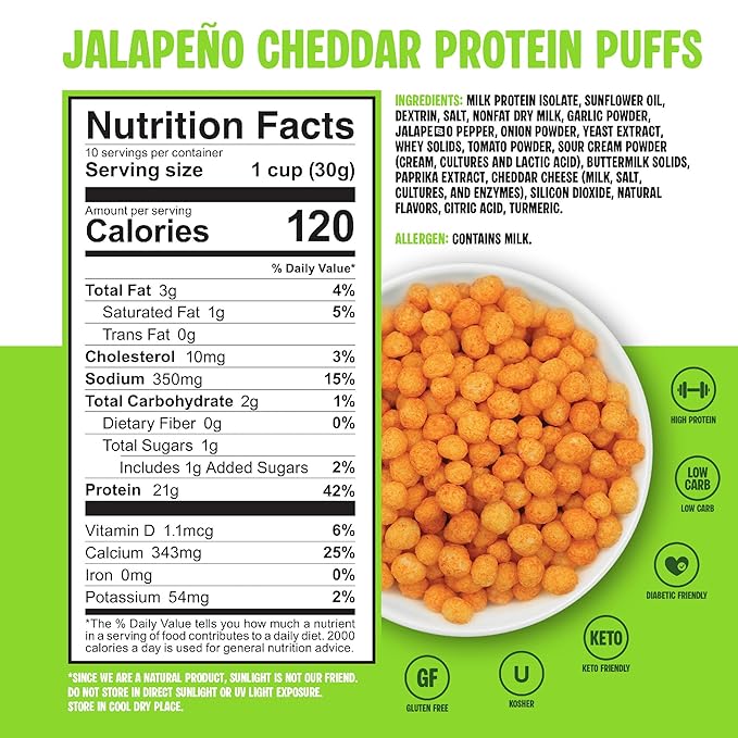 Twin Peaks Protein Puffs - (Jalapeno Cheddar), Keto Friendly, Low Carb Snack (300g, 21g Protein, 2g Net Carbs, High Protein, Healthy Crunchy Snack)