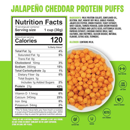 Twin Peaks Protein Puffs - (Jalapeno Cheddar), Keto Friendly, Low Carb Snack (300g, 21g Protein, 2g Net Carbs, High Protein, Healthy Crunchy Snack)