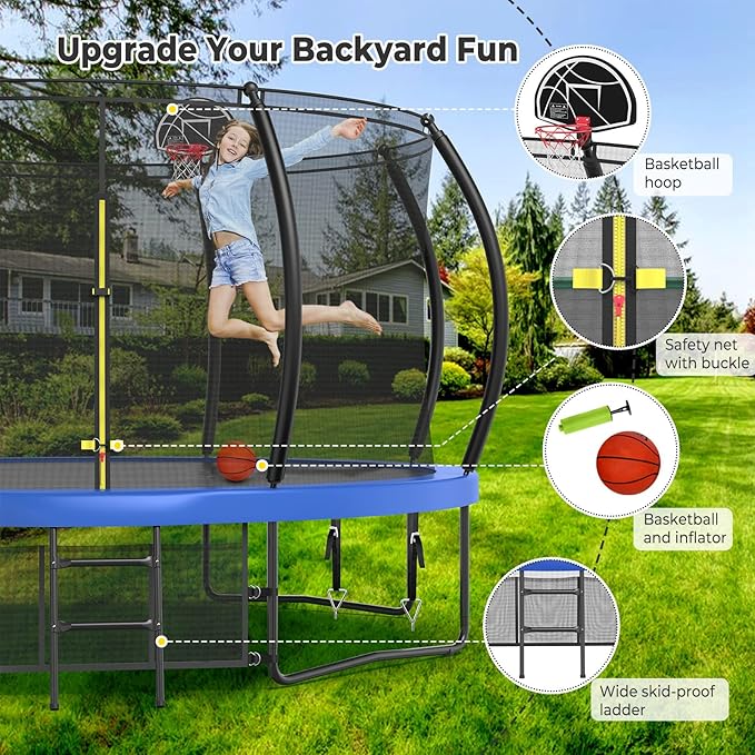 12 14 15 16FT Trampoline Outdoor with Basketball Hoop, Trampoline with Lights for Kids and Adults, Recreational Trampolin with Sprinkler, Stakes
