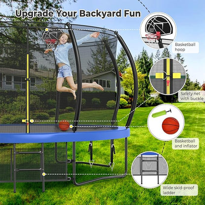 12 14 15 16FT Trampoline Outdoor with Basketball Hoop, Trampoline with Lights for Kids and Adults, Recreational Trampolin with Sprinkler, Stakes