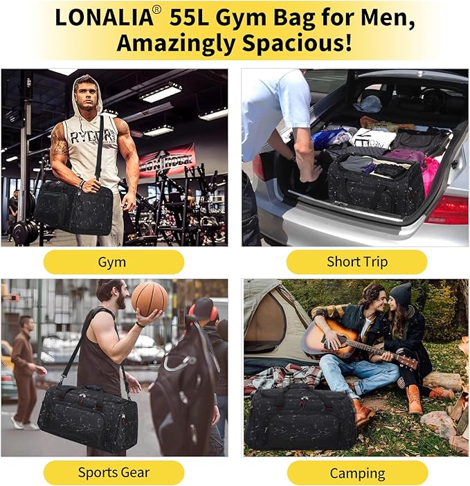 55L Large Gym Duffle Bag for Men - 22 inch Men's Sports Bag Heavy Duty Duffel Bag（Marble Black)
