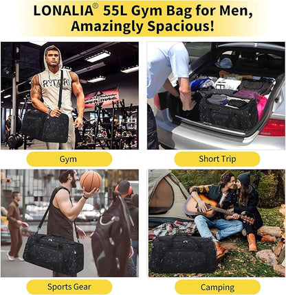 55L Large Gym Duffle Bag for Men - 22 inch Men's Sports Bag Heavy Duty Duffel Bag（Marble Black)