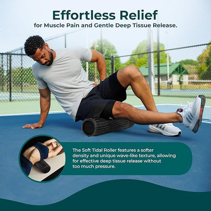 Oceanfoam Soft Tidal Roller (Black & Charcoal Marbled) - Low Density Foam Roller for Physical Therapy, Back Pain, Exercise & Stretching - Wave Textured - Yoga & Wellness - Full Size, 20" x 5"