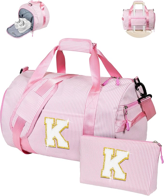 Gift for 5 6 7 8 9 Year Old Girls, Girl Gym Bag, Kids Initial Overnight Duffel Bags with Shoe Compartment, Personalized Travel Bag with Makeup Pouch, Dance Recital Gifts for Niece (Letter K)