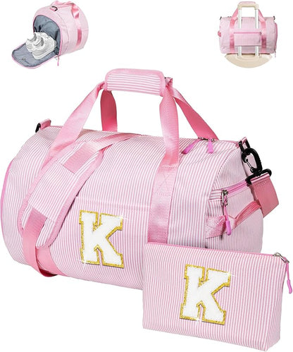 Gift for 5 6 7 8 9 Year Old Girls, Girl Gym Bag, Kids Initial Overnight Duffel Bags with Shoe Compartment, Personalized Travel Bag with Makeup Pouch, Dance Recital Gifts for Niece (Letter K)