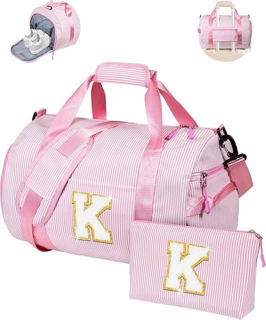 Gift for 5 6 7 8 9 Year Old Girls, Girl Gym Bag, Kids Initial Overnight Duffel Bags with Shoe