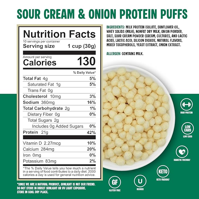 Twin Peaks Protein Puffs - (Sour Cream & Onion), Keto Friendly, Low Carb Snack (300g, 21g Protein, 2g Net Carbs, High Protein, Healthy Crunchy Snack)