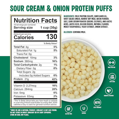 Twin Peaks Protein Puffs - (Sour Cream & Onion), Keto Friendly, Low Carb Snack (300g, 21g Protein, 2g Net Carbs, High Protein, Healthy Crunchy Snack)