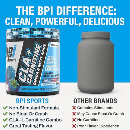 BPI Sports CLA+Carnitine ??CLA L Carnitine & Linoleic Acid ??L Carnitine Supplement for Weight Loss, Metabolism & Lean Muscle ??Caffeine Free ??Blue Raspberry ??50 Servings ??12.34 oz