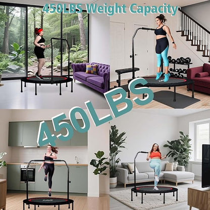 RAVS Mini Trampoline for Kids Adults 40"/48" Foldable Fitness Rebounder Kids Trampoline with 5 Levels Height Adjustable Handle Resistance Bands Indoor Workout