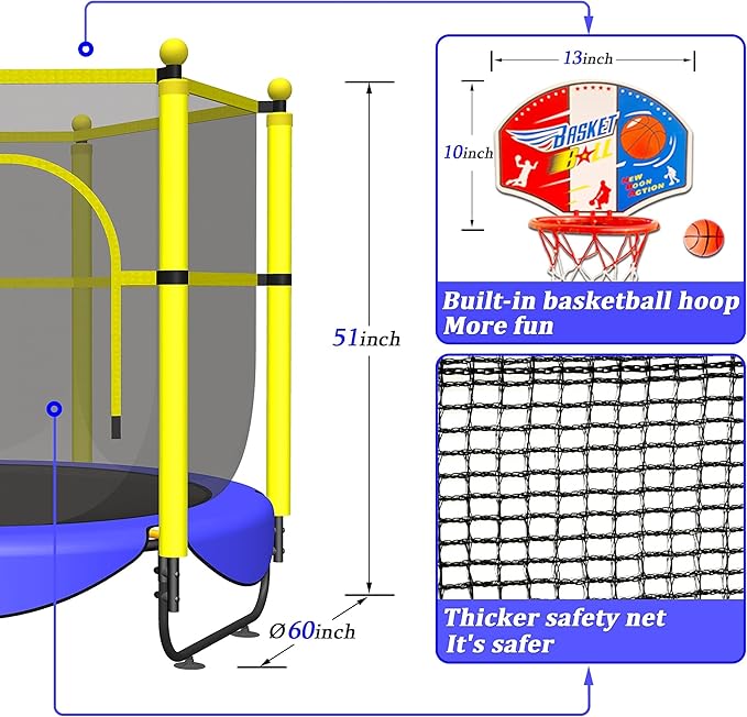 60" Trampoline for Kids, 5 FT Indoor & Outdoor Toddler Baby Trampoline with Basketball Hoop, Safety Enclosure, Birthday Gifts for Kids, Gifts for Boy and Girl, Age 3-8