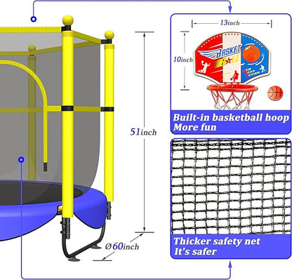 60" Trampoline for Kids, 5 FT Indoor & Outdoor Toddler Baby Trampoline with Basketball Hoop, Safety Enclosure, Birthday Gifts for Kids, Gifts for Boy and Girl, Age 3-8