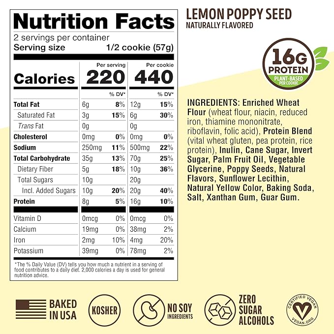 Lenny & Larry's The Complete Cookie, Lemon Poppy Seed, Soft Baked, 16g Plant Protein, Vegan, Non-GMO, 4 Ounce Cookie (Pack of 12)