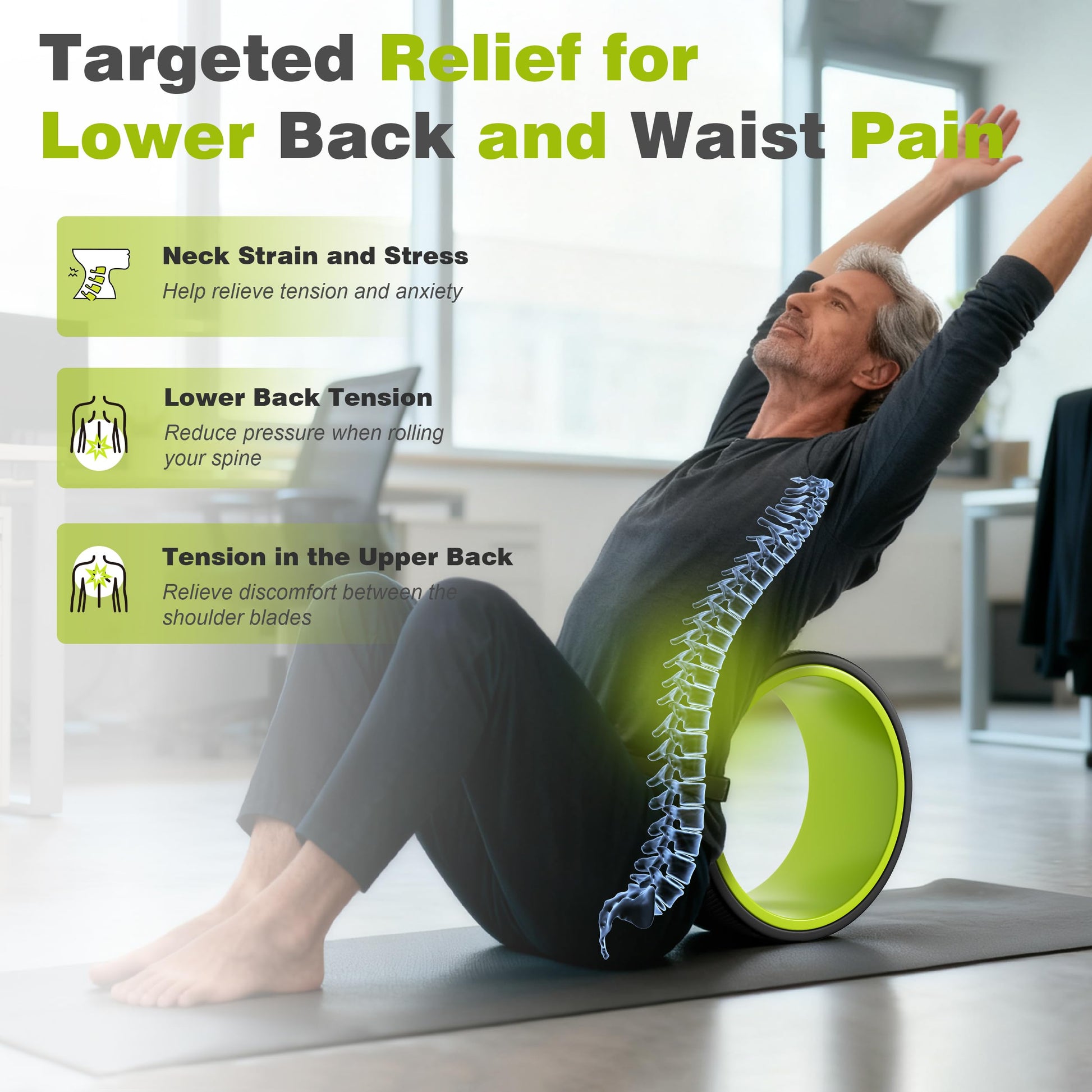 Back Roller Wheel - 3 Pack Yoga Foam Roller for Physical Therapy & Back Stretcher, Deep Tissue