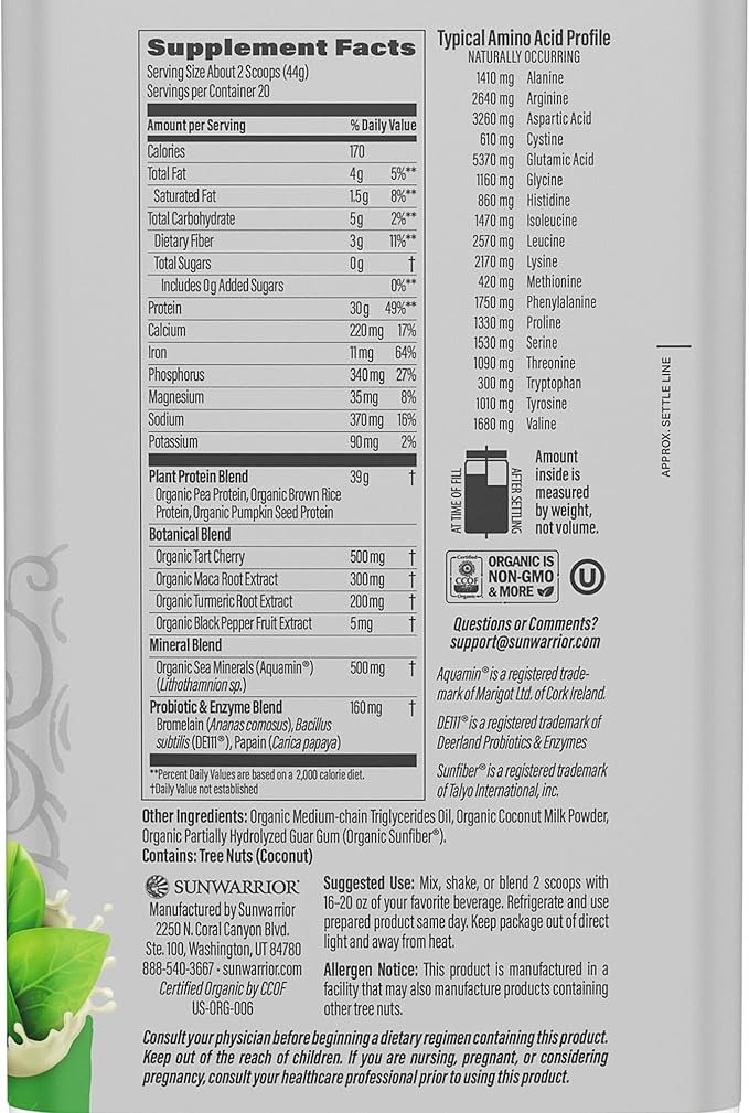 Sunwarrior Organic Plant Based Protein Powder | Vegan Organic Protein Powder with BCAA Amino Acids Plus Recovery Minerals & Botanicals | Non-GMO Soy Dairy & Gluten Free (Unflavored, 20 Servings)