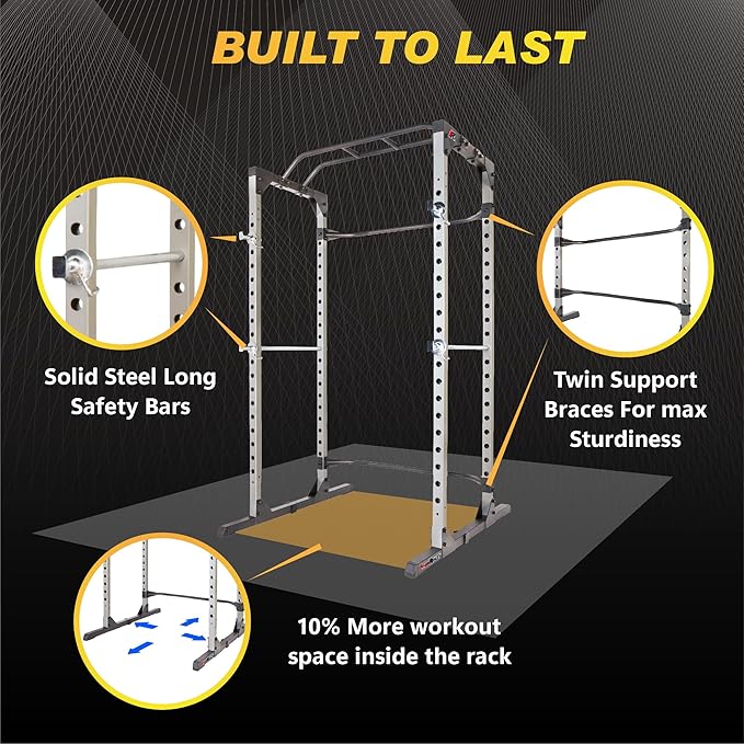 Fitness Reality Power Cage Squat Rack with Optional LAT Pulldown, Cable Crossover, 800 lb Capacity, Multi-Grip Pull-Up Bar, Adjustable Safety Bars, Strength Training for Home Gym