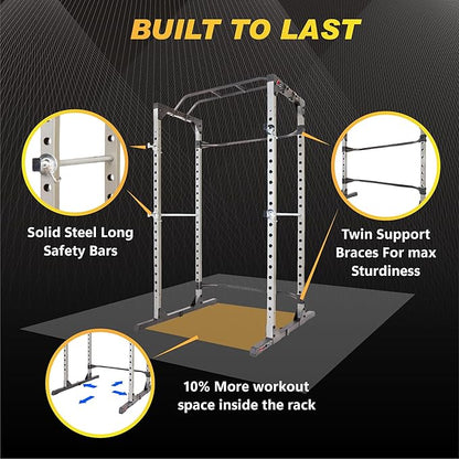 Fitness Reality Power Cage Squat Rack with Optional LAT Pulldown, Cable Crossover, 800 lb Capacity, Multi-Grip Pull-Up Bar, Adjustable Safety Bars, Strength Training for Home Gym