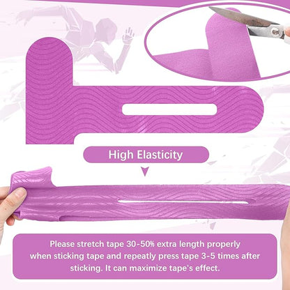 50 Pcs Precut Kinesiology Tape for Knees Pain Relief Elastic Waterproof Athletic Knee Tape for Support Stability Sports(Purple)
