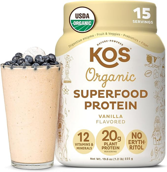 KOS Vegan Protein Powder Erythritol Free, Vanilla - USDA Organic Pea Protein Blend, Plant Based