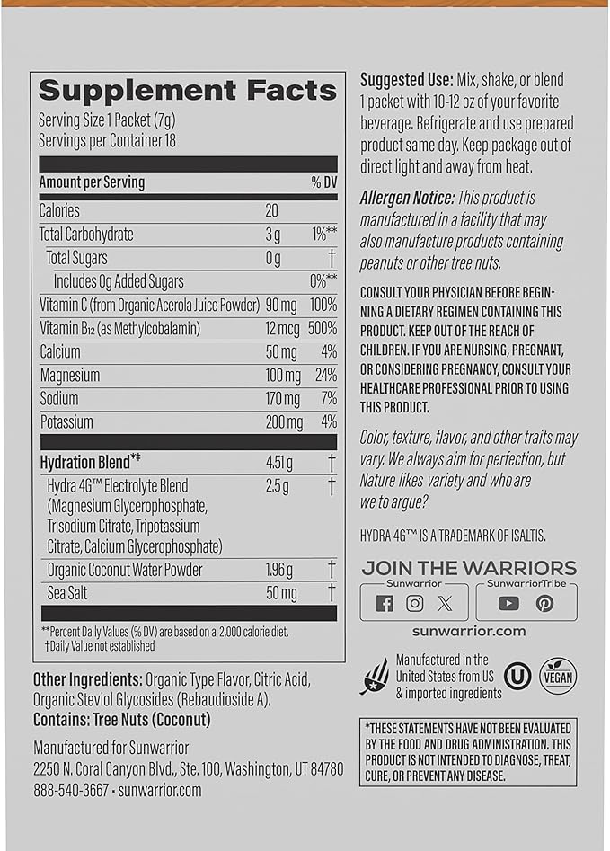 Sunwarrior Hydration Powder Electrolyte Packets Powder B12 Elderberry | Juicy Pineapple Flavored 18 Stick Packs 126g Pouch | Vegan and Plant-Based Sugar Free