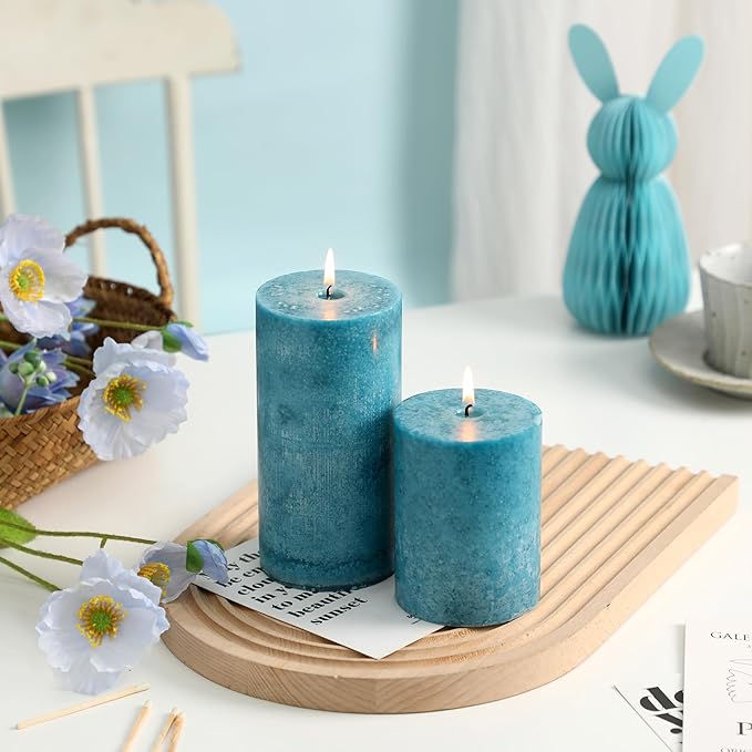 3x6 inch Blue Pillar Candles Set of 3, Unscented Pillar Candle, Dripless and Smokeless Large Candles, Candle for Home Decor, Dinner Table,Weddings, Holidays