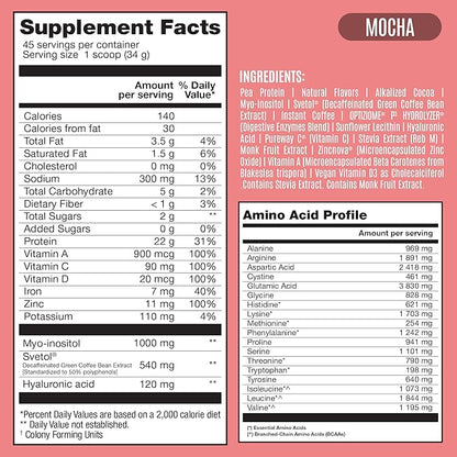 Fitmingo Vegan Protein Powder with Inositol, Collagen Boosters, Hyaluronic Acid and Vitamins | Low Carb, Dairy Free, Low Calorie | 22g Plant Based Mocha Protein Powder with Myo-Inositol