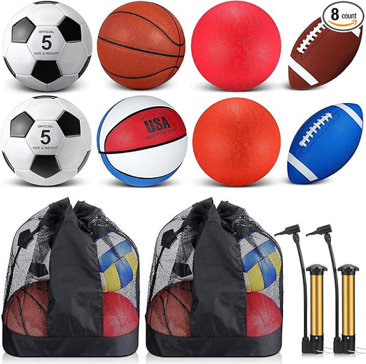 Deekin 8 Pcs Sports Balls Set for Adult Assorted Football Basketball Soccer Playground Balls