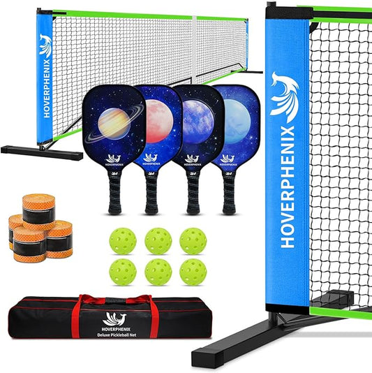 Hoverphenix Pickleball Net for Driveway, 22FT Regulation Size Pickleball Net with Paddles Set of 4