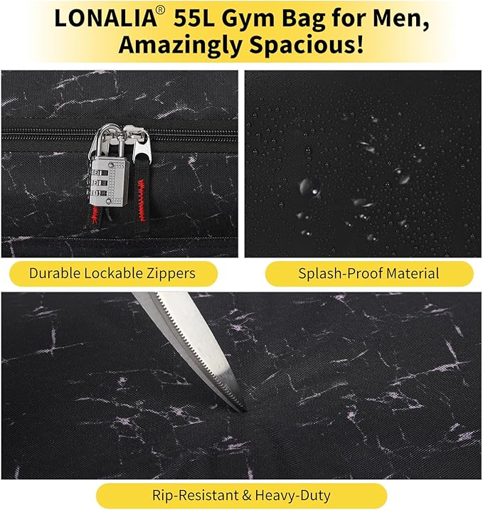 55L Large Gym Duffle Bag for Men - 22 inch Men's Sports Bag Heavy Duty Duffel Bag（Marble Black)