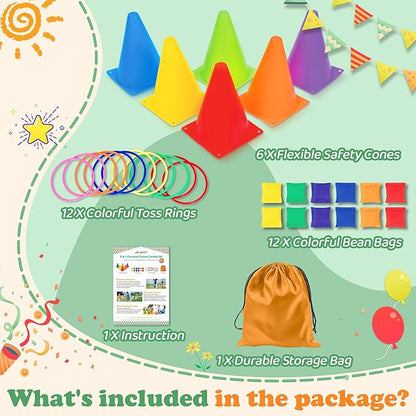 31PCS 3 in 1 Carnival Outdoor Games Combo Set for Kids, Soft Plastic Cones Bean Bags Ring Toss Games, Kid’s Gift for Birthday Party Outdoor Games Supplies, Throwing Backyard Lawn Family Toys