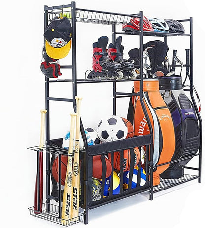 WALMANN Garage Sports Equipment Organizer, Golf Bag Stand for Garage Ball Storage Rack Indoor/Outdoor Kids Toys Storage Organizer Bins, Ball Holder with Baskets