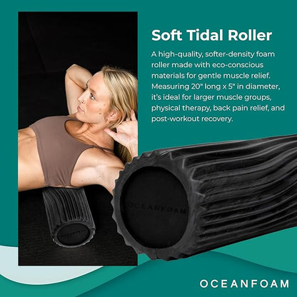 Oceanfoam Soft Tidal Roller (Black & Charcoal Marbled) - Low Density Foam Roller for Physical Therapy, Back Pain, Exercise & Stretching - Wave Textured - Yoga & Wellness - Full Size, 20" x 5"