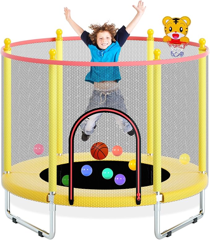 55" Trampoline for Kids, Telawah Indoor/Outdoor Mini Baby with Safety Enclosure Net, Adjustable Toddler with Basketball Hoop, Gifts for Boys & Girls