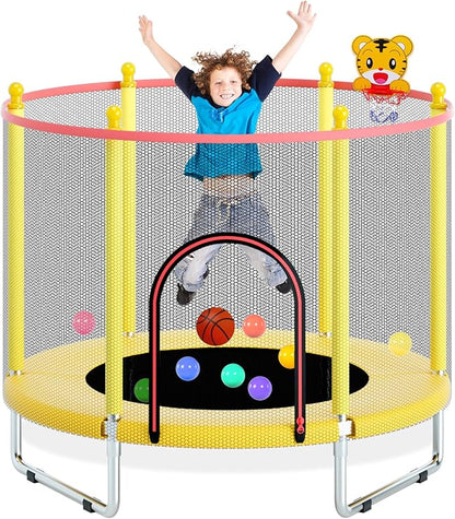 55" Trampoline for Kids, Telawah Indoor/Outdoor Mini Baby with Safety Enclosure Net, Adjustable Toddler with Basketball Hoop, Gifts for Boys & Girls