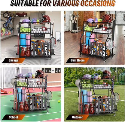 Sports Equipment Organizer, Garage Storage with Basket and Hooks, Rolling Cart with Wheels for Toy Sports Gear Storage, Ball Rack for Indoor/Outdoor