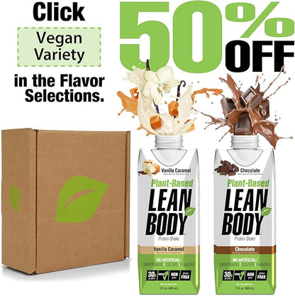 Lean Body Ready-to-Drink, Plant-Based Vegan Vanilla Caramel Protein Shake, 30g Protein, No Artificial Flavors, Sweeteners or Colors, Non GMO, Gluten Free, Premium Pea & Rice Blend (Pack of 12)