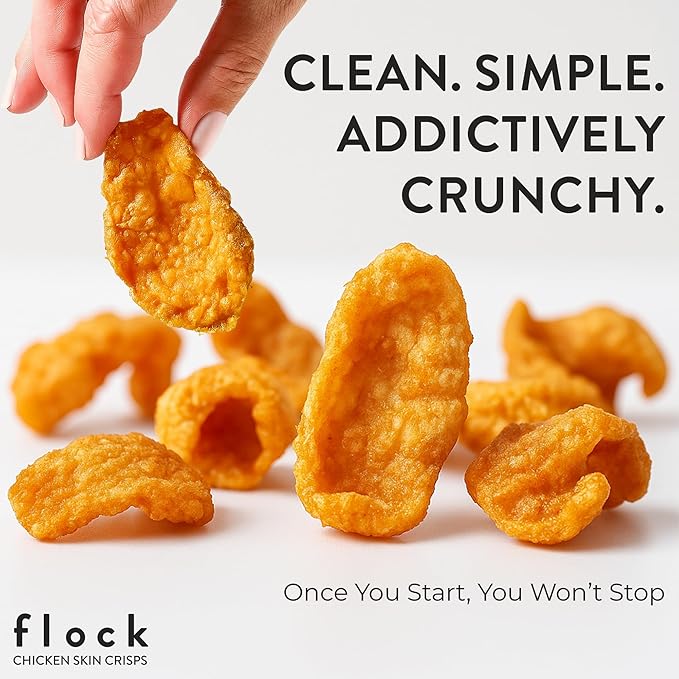 Flock Keto Chicken Skin Chips | Salt and Vinegar Flavor | Low Carb, High Protein, Sugar Free, Gluten Free Fried Chicken Skins for People | (1oz) 8-Pack Crispy Flock Chips