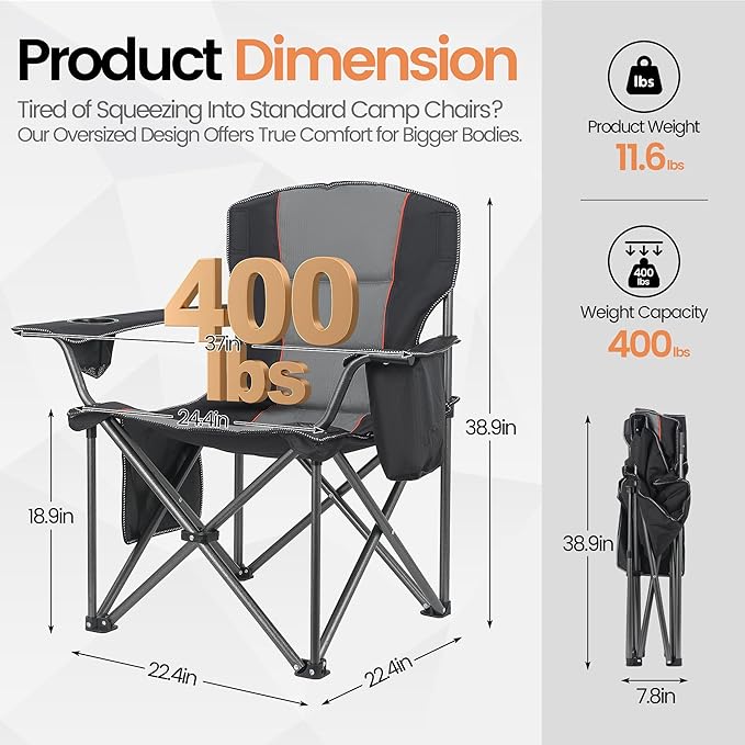 2 Pack Heavy Duty Oversized Camping Chair for Adults 400lbs w/Lumbar Support - Folding Chairs with Side Pocket, Cup Holder & Cooler Bag for Beach, Fishing, Lawn, Backyard Black