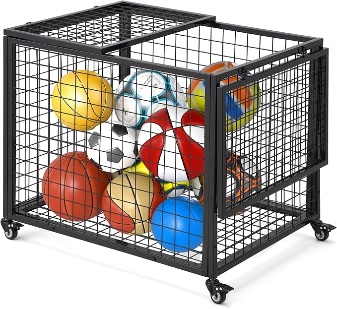 AECOJOY Ball Cart Storage, Rolling Basketball Bin with Wheels for Garage, School, Gym, Sports Equipment and Toy Organizer, Indoor & Outdoor