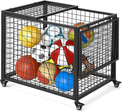 AECOJOY Ball Cart Storage, Rolling Basketball Bin with Wheels for Garage, School, Gym, Sports Equipment and Toy Organizer, Indoor & Outdoor