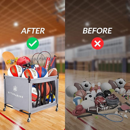 Sports Ball Storage Cart with Wheels, Lockable Ball Organizer Basket with Elastic Straps, Stackable Ball Cage for Garage Storage, Gym, Sports Equipment Storage Oxford Bin, Ball Case