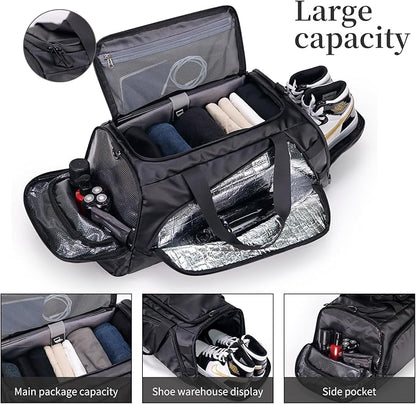 Duffle Bag for Travel, Carry on Gym Bag for Men, Waterproof Sport Bags with Shoe Compartment, 40L Lightweight Weekender Bag for Camping, Hiking, Trips - Black (Basic)