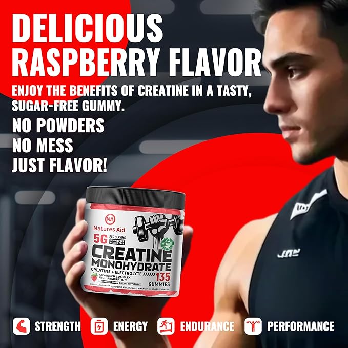 Creatine Monohydrate Gummies (5g) – Pre-Workout Energy & Muscle Growth Support for Men & Women | Strawberry Electrolyte Gummies (135 Count)
