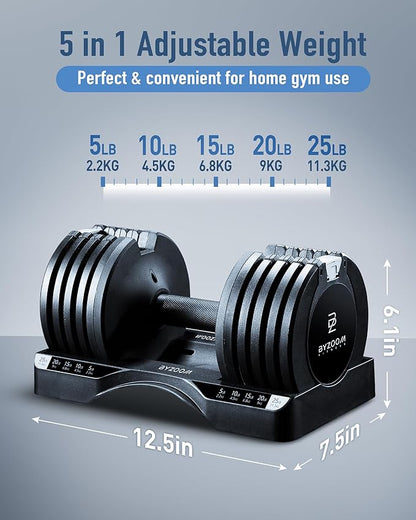 Adjustable Dumbbell – 12.5/25lb Single Unit OR Set of 2 – 5-in-1 Adjustable Weight for Home Gym, Strength Training & Fitness Workouts, White OR Black