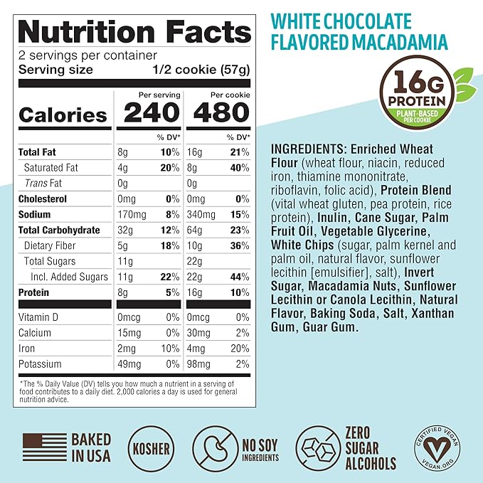 Lenny & Larry's The Complete Cookie, White Chocolate Flavored Macadamia, Soft Baked, 16g Plant Protein, Vegan, Non-GMO, 4 Ounce Cookie (Pack of 12)