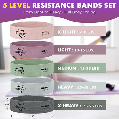 WSAKOUE Fabric Resistance Bands for Working Out – 5 Booty Bands for Women & Men, Exercise Workout Bands for Legs, HIPS & Glutes – Ideal for Home Fitness, Yoga, Pilates & Rehab